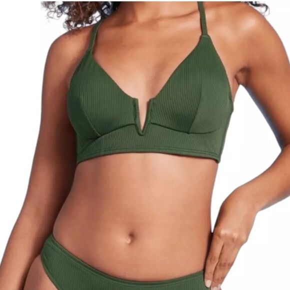 NWT Shade & Shore 32B Solid Green Ribbed Longline V-Wire Bikini Swim Top - Picture 1 of 8